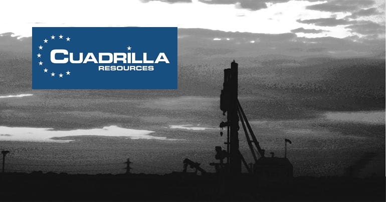 A fracking rig and the Cuadrilla logo