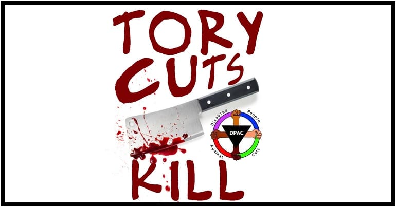 A logo for a protest about the Tories and the DWP