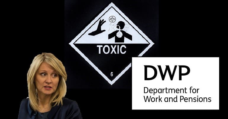 A toxic sign, the DWP logo and Esther McVey