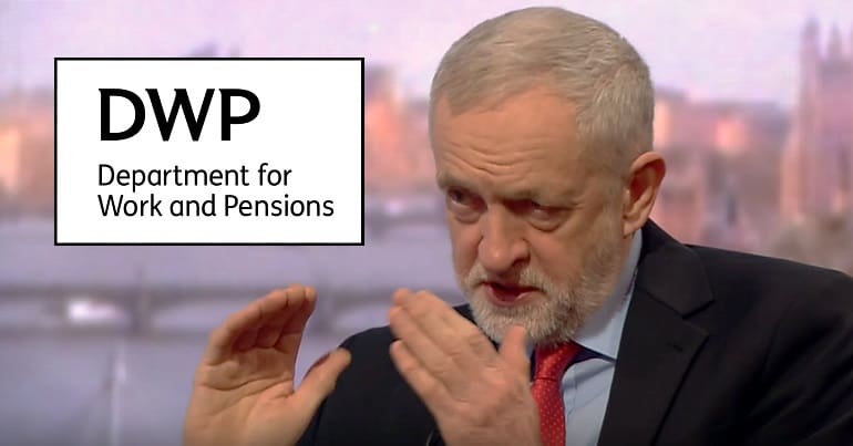 An angry Jeremy Corbyn with the DWP logo