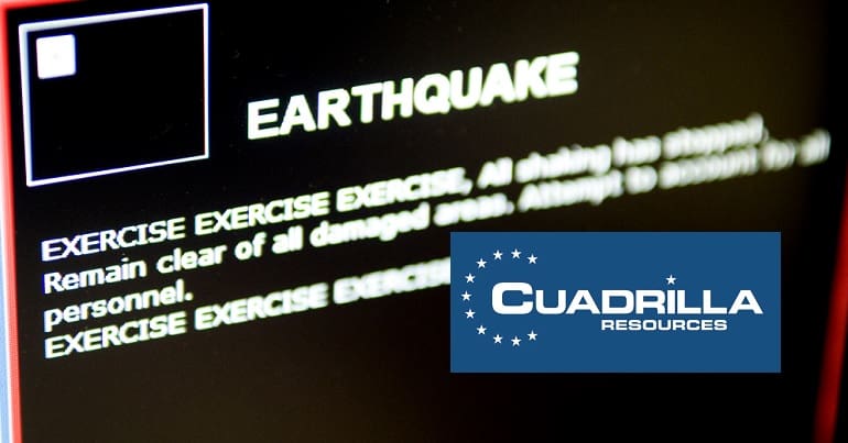 An earthquake picture and the Cuadrilla logo a fracking firm