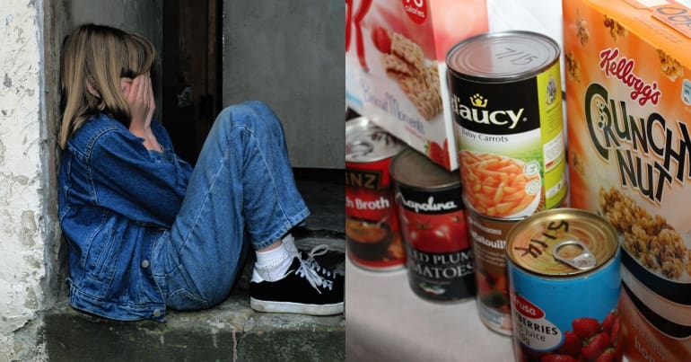 Child with her head in hands and food bank food