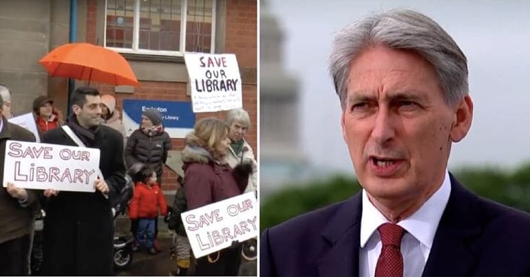 Library campaigners (left) Philip Hammond (Right) council funding crisis