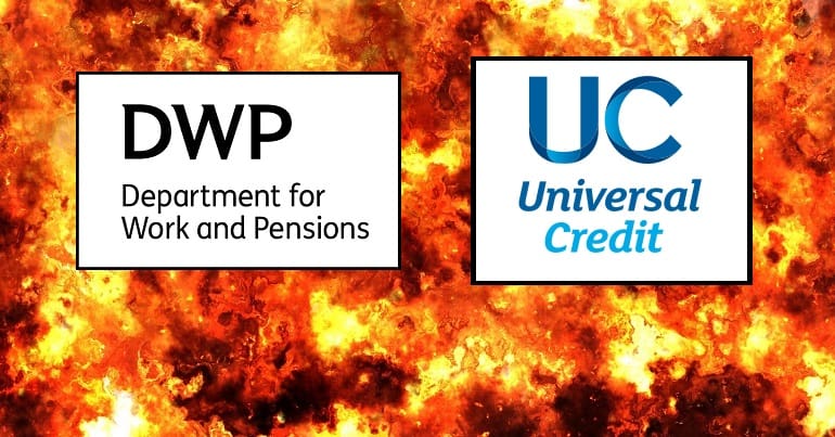 DWP and Universal Credit logos against a fireball