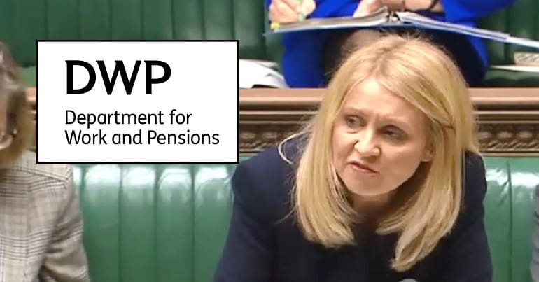 Esther McVey with the DWP logo