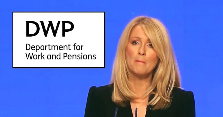 Esther McVey at CPC 18 and the DWP logo