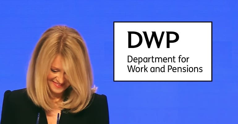 Esther McVey smirking and the DWP logo