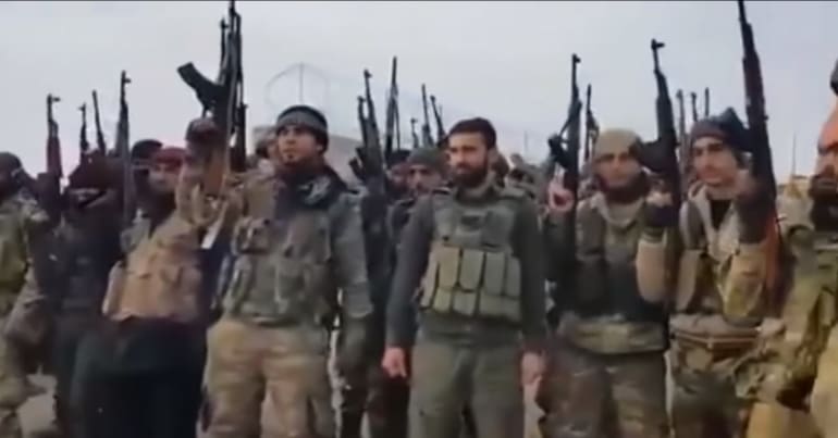 FSA rebels chant with Turkish Army soldiers in Afrin