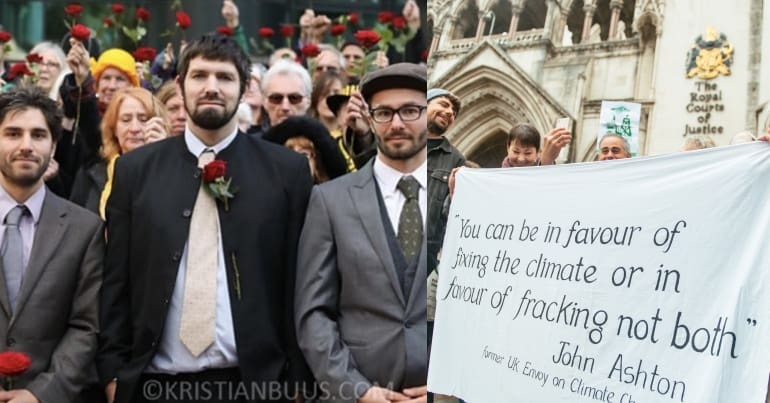 Simon Blevins, Richard Roberts, and Rich Loizou and supporters outside the High Court of Justice