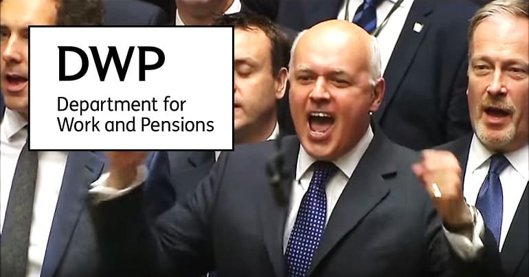 Iain Duncan Smith in parliament and the DWP logo