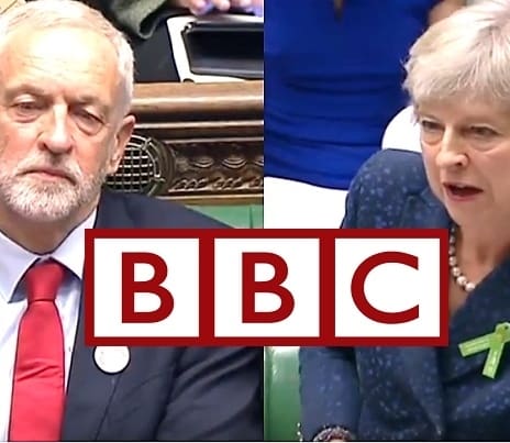 Jeremy Corbyn Theresa May and the BBC Logo