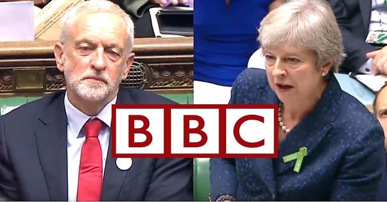 Jeremy Corbyn Theresa May and the BBC Logo