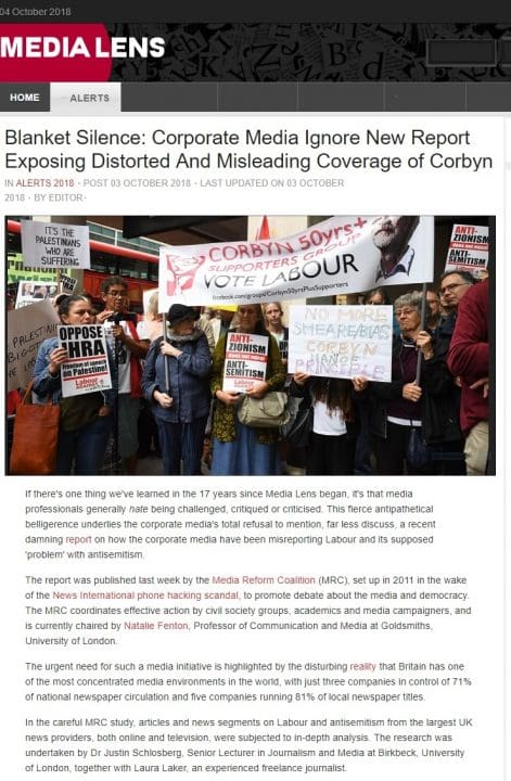 Media Lens Alert Blanket Silence Corporate Media Ignore New Report Exposing Disrtorted and Misleading Coverage of Corbyn RESIZED