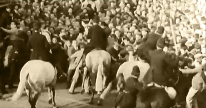 Mounted police fight of crowd, 1936
