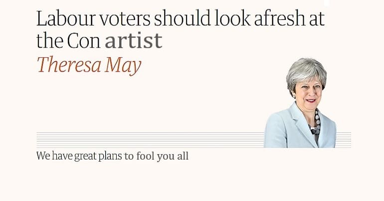 Theresa Mays Observer headline altered by The Canary to say con artist