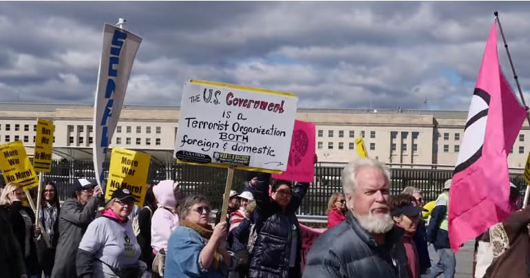 Protesters march on the Pentagon in Washington.