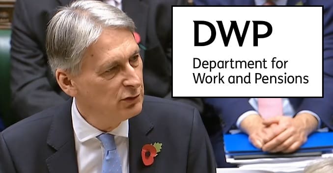 Philip Hammond and the DWP logo