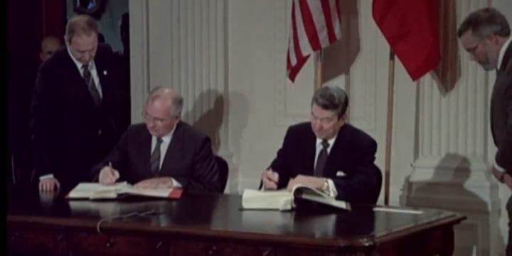 Regan and Gorbachev sign INF treaty 1229 x 615