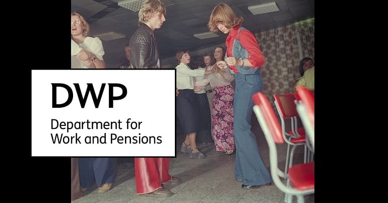 The DWP logo and a 1970s disco