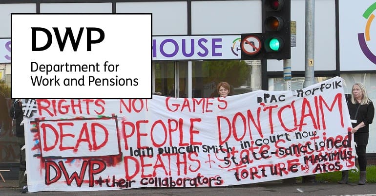 The DWP logo and a protest over Maximus