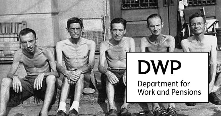 The DWP logo and victims from a Japanese concentration camp