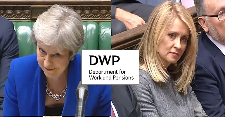 Theresa May and Esther McVey and the DWP logo