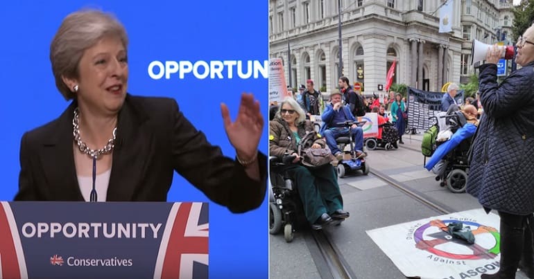 Theresa May dancing with a DPAC protest