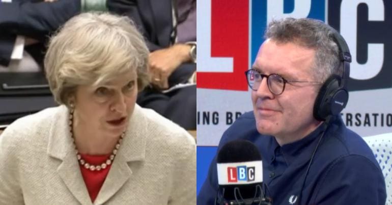 Theresa May in parliament and Tom Watson on LBC
