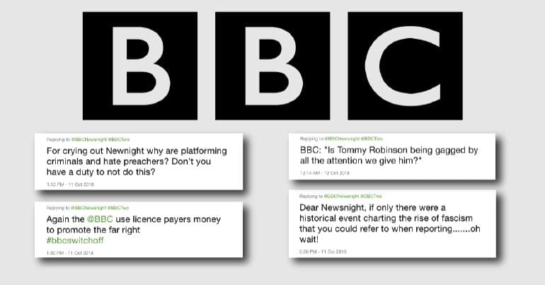 The BBC logo and angry tweets questioning its newsnight coverage