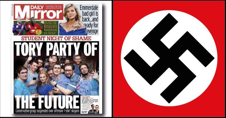 The Mirror front page showing young Tory members - one of whom has a Hitler moustache - and a swastika