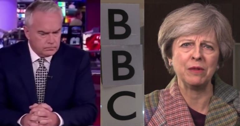 Huw Edwards, BBC logo and Theresa May