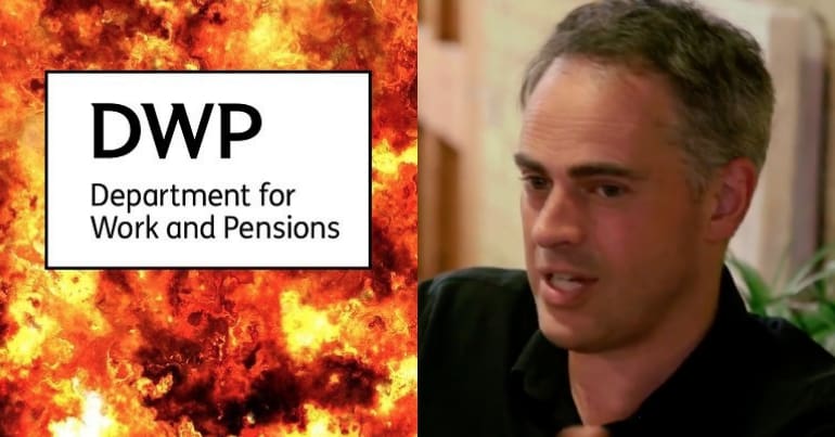 The DWP log and Green Party co-leader Jonathan Bartley