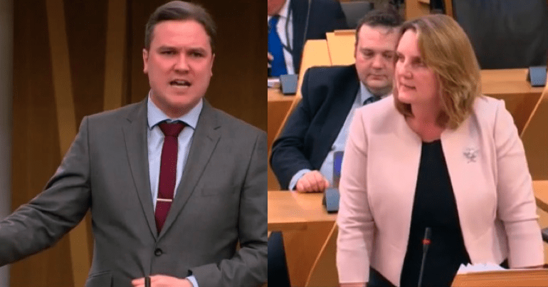 Spit image of Tom Arthur and Michelle Ballantyne in the Scottish Parl