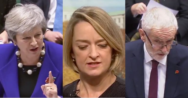Theresa May, Laura Kuenssberg and Jeremy Corbyn