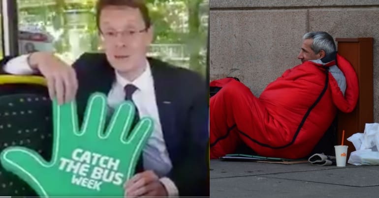 Andy Street on a bus and a homeless person