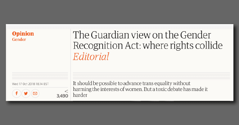 Guardian headline that reads: 'The Guardian view on the Gender Recognition Act: where rights collide: Editorial'