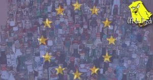EU flag with booze bottles behind it