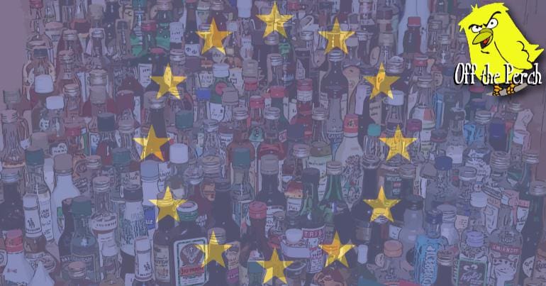 EU flag with booze bottles behind it