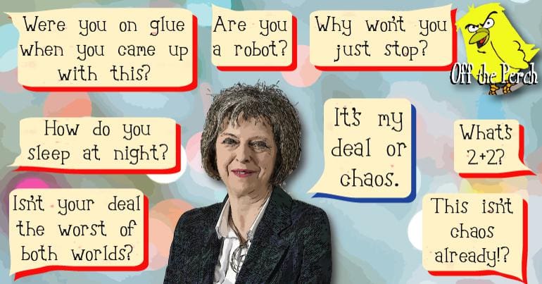 Theresa May answering several questions with the same answer