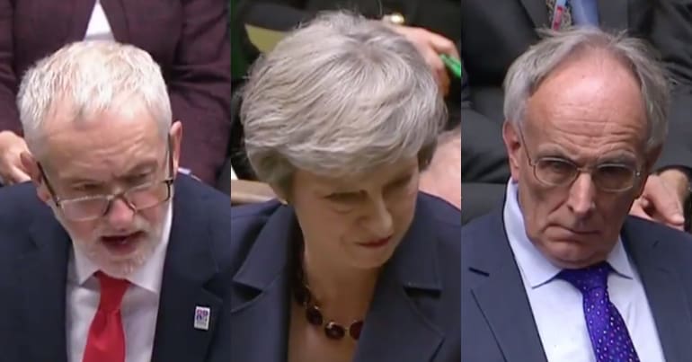 Jeremy Corbyn, Theresa May and Peter Bone