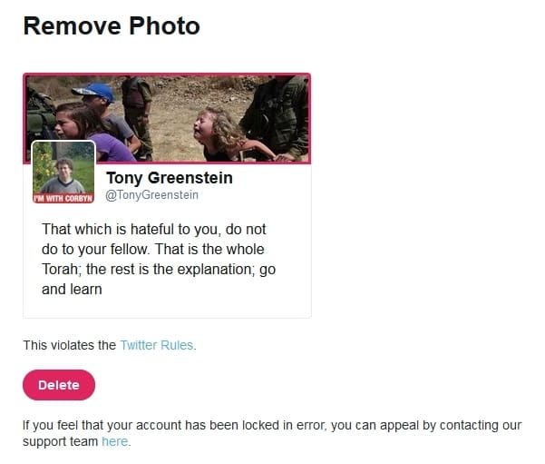 Tony Greenstein's Twitter account was locked until he removed a photo of Ahed Tamimi being held by an Israeli soldier
