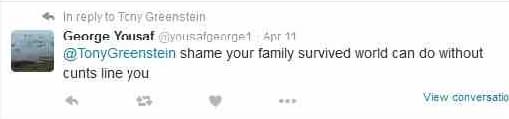 Anti-semitic tweet to Tony Greenstein
