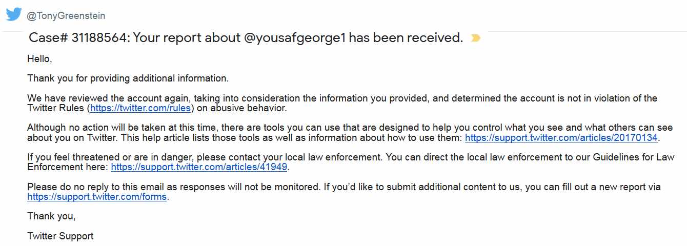 Twitter response to Tony Greenstein's complaint