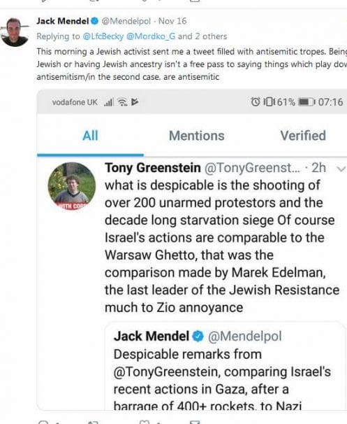 Tony Greenstein's tweet to Jewish News journalist Jack Mendel