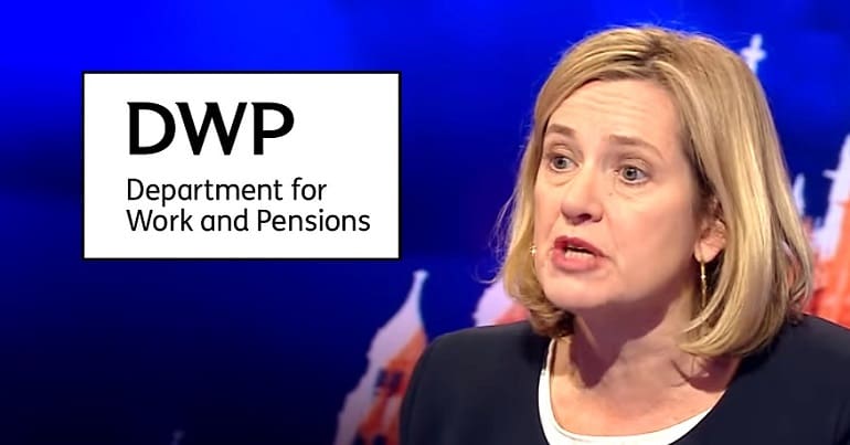 Amber Rudd and the DWP logo