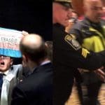 Cox protesting (left) Cox being dragged out (right)
