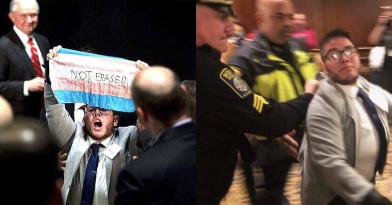Cox protesting (left) Cox being dragged out (right)
