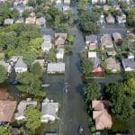 A flooded residential area from above