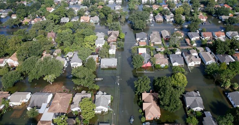 A flooded residential area from above