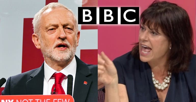 Jeremy Corbyn, Claire Perry, and BBC logo